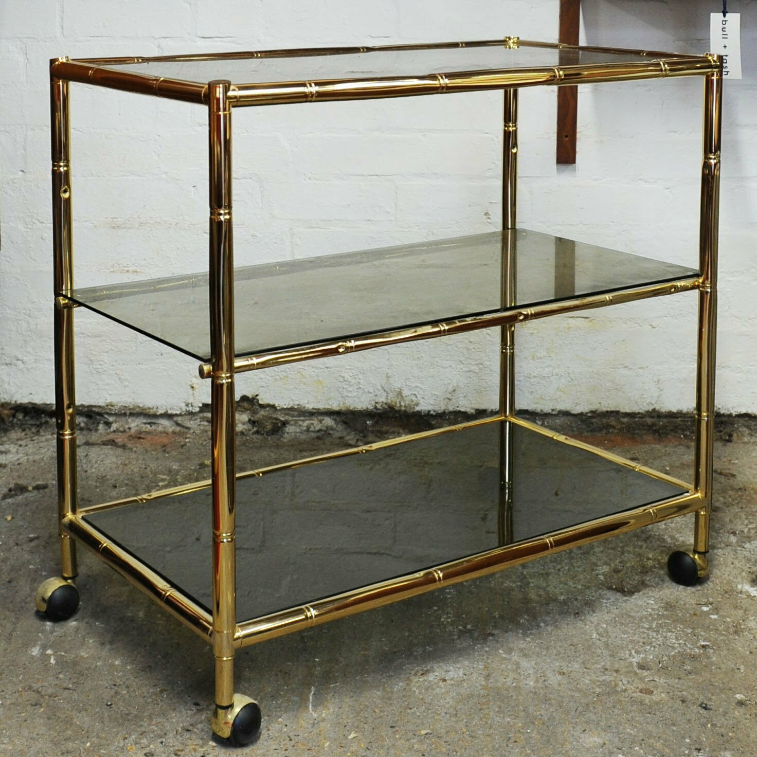 Vintage Brass & Smoked Glass 3 Tier Faux Bamboo Bar Cart, 1970s