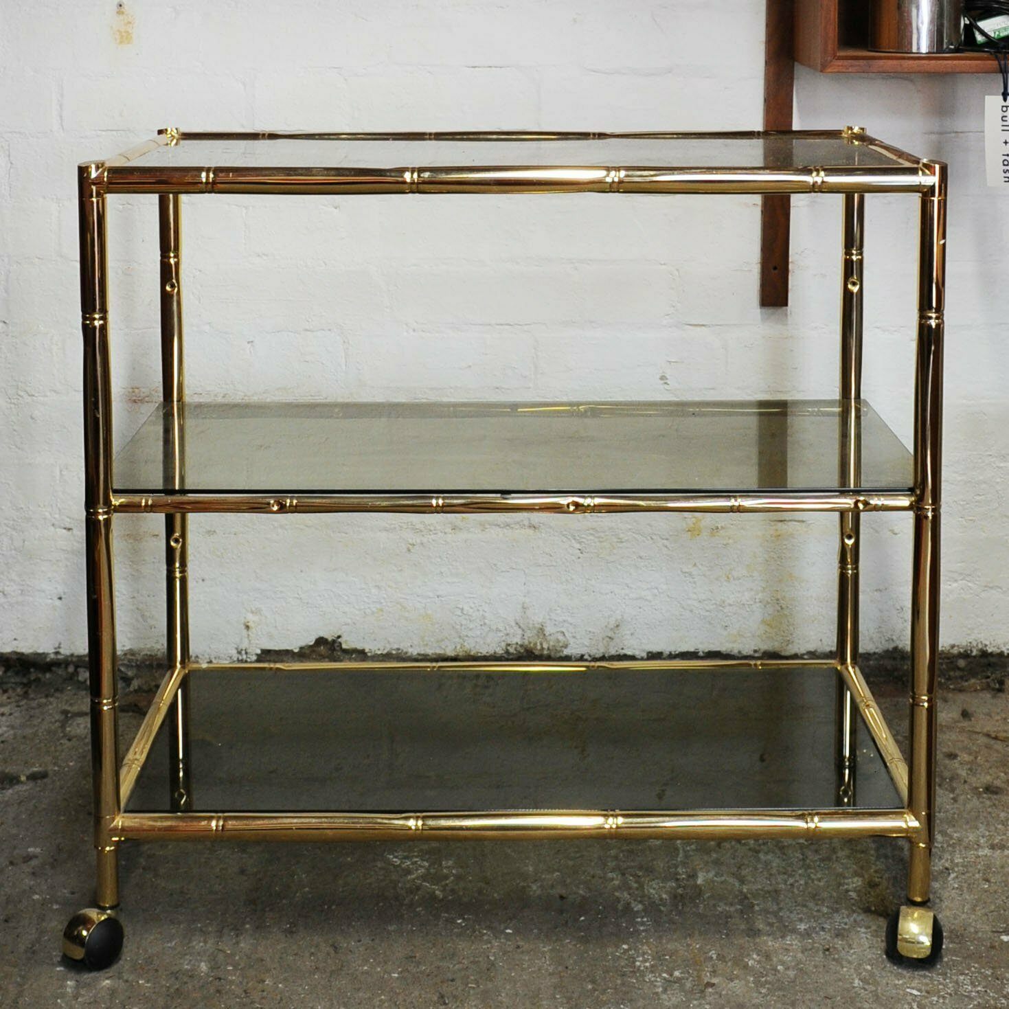 Vintage Brass & Smoked Glass 3 Tier Faux Bamboo Bar Cart, 1970s