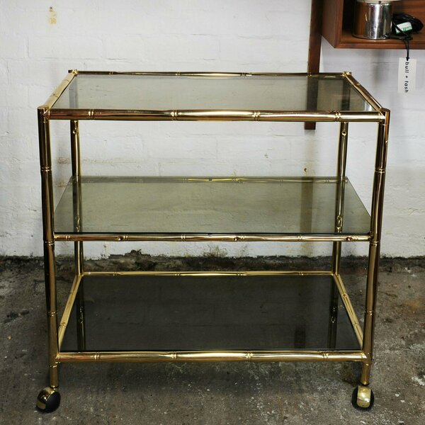 Vintage Brass & Smoked Glass 3 Tier Faux Bamboo Bar Cart, 1970s