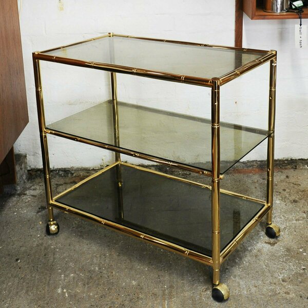 Vintage Brass & Smoked Glass 3 Tier Faux Bamboo Bar Cart, 1970s