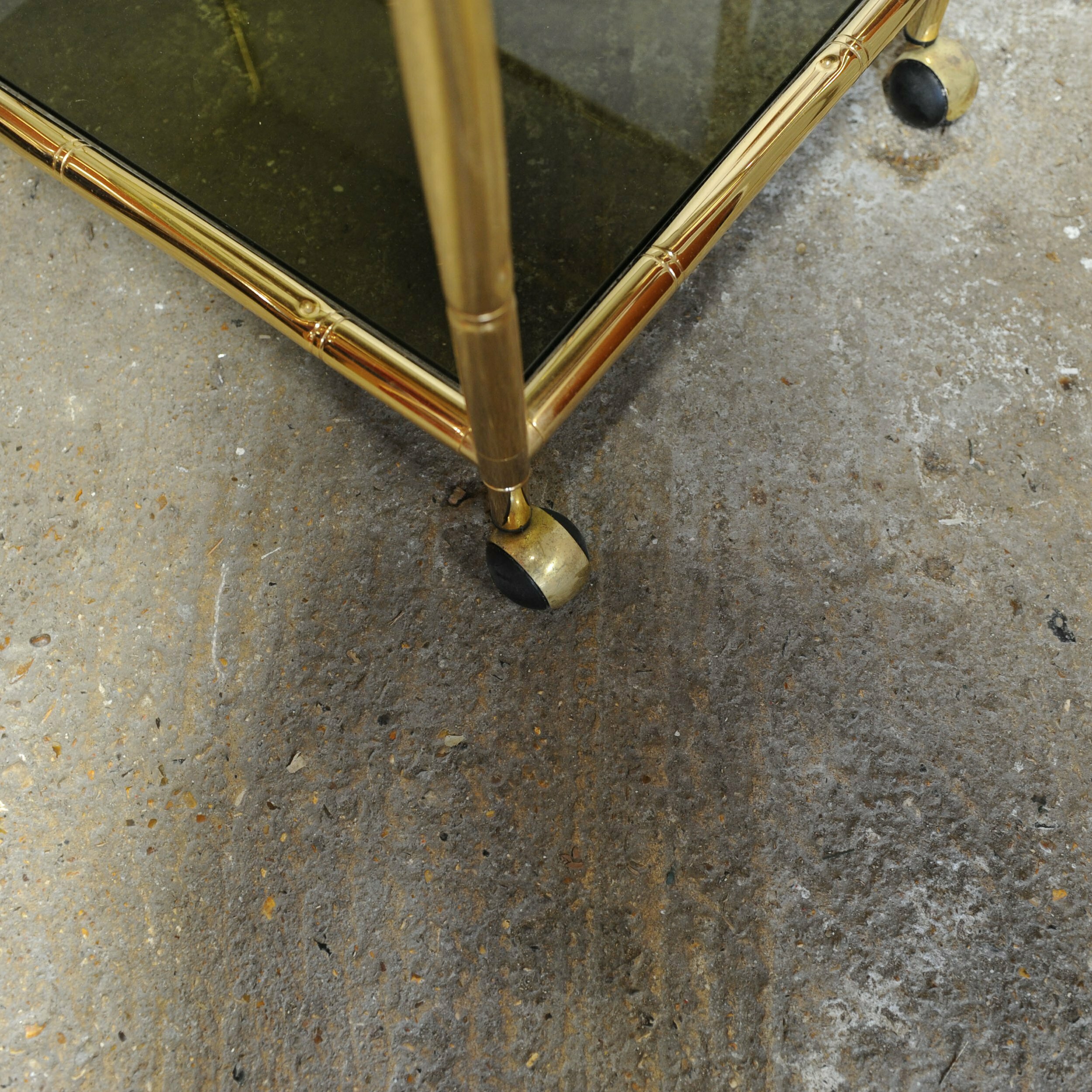 Vintage Brass & Smoked Glass 3 Tier Faux Bamboo Bar Cart, 1970s