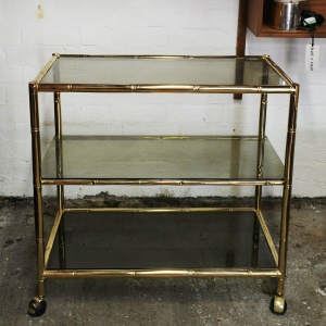 Vintage Brass & Smoked Glass 3 Tier Faux Bamboo Bar Cart, 1970s