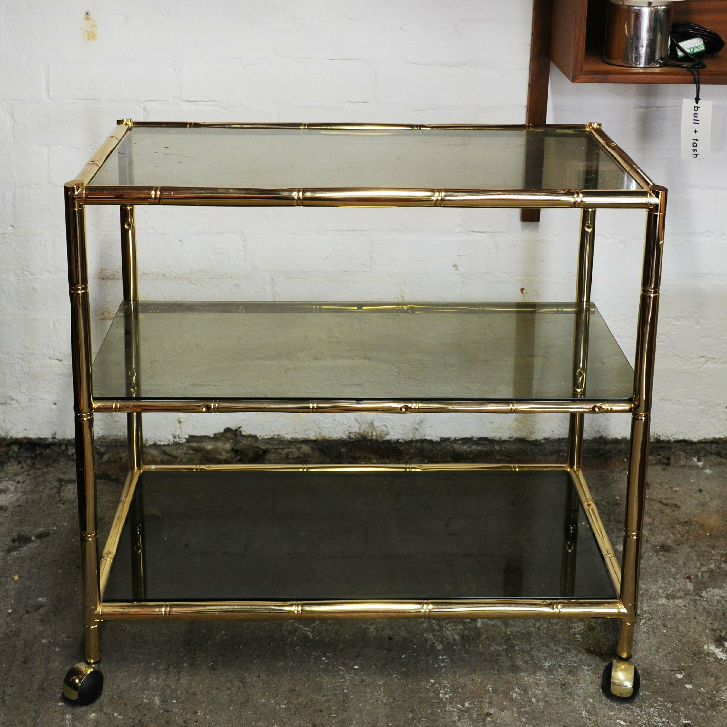 Vintage Brass & Smoked Glass 3 Tier Faux Bamboo Bar Cart, 1970s
