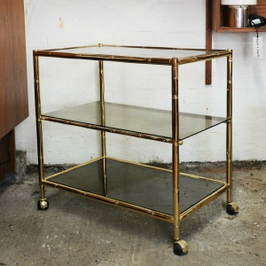 Vintage Brass & Smoked Glass 3 Tier Faux Bamboo Bar Cart, 1970s