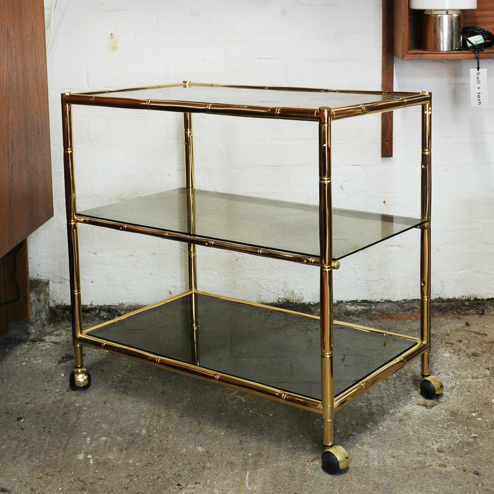 Vintage Brass & Smoked Glass 3 Tier Faux Bamboo Bar Cart, 1970s