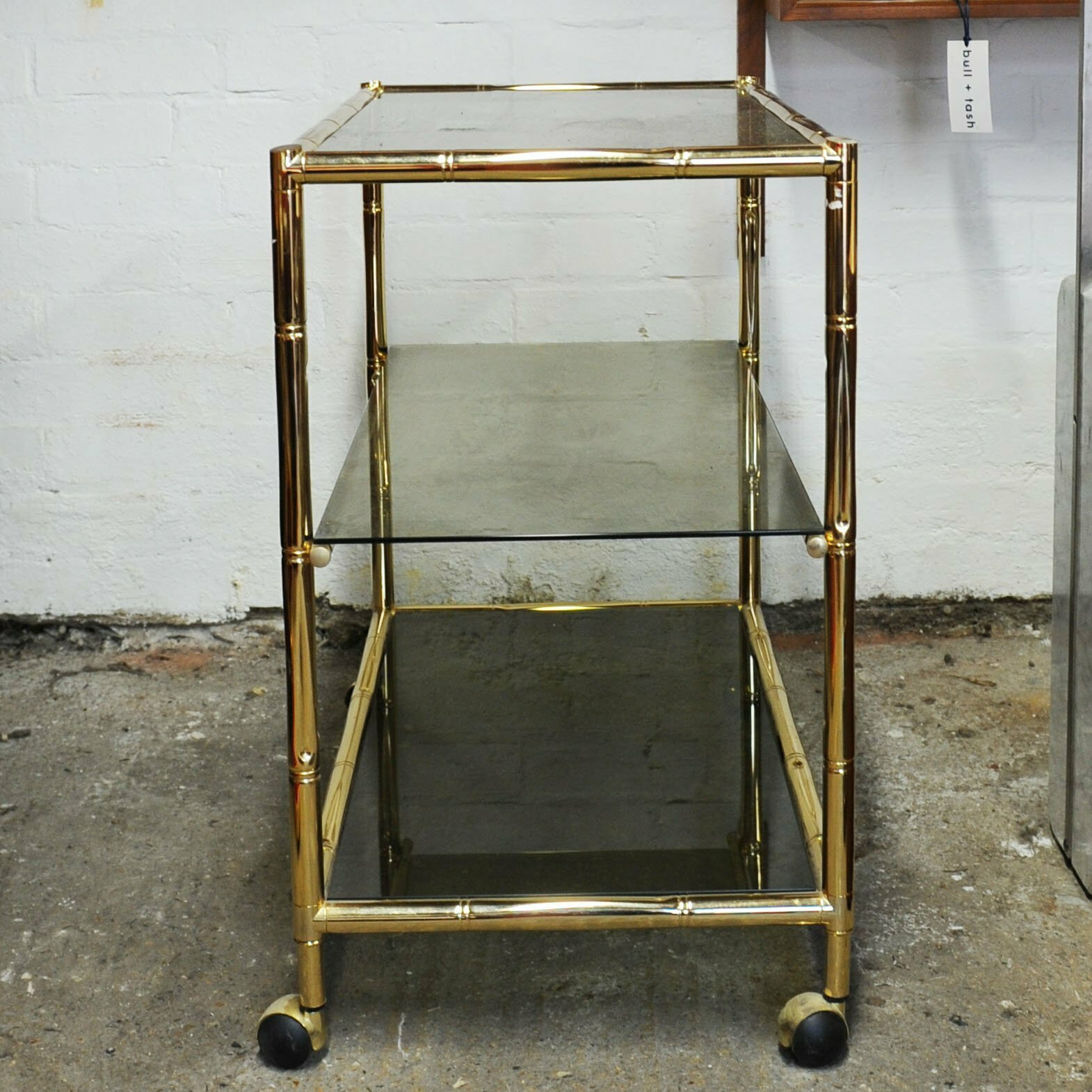 Vintage Brass & Smoked Glass 3 Tier Faux Bamboo Bar Cart, 1970s