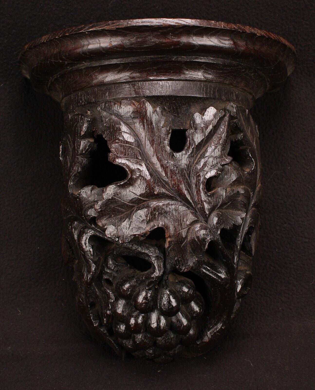 Antique English Oak Carved Wall Bracket Demi Lune With Grapes And Vine
