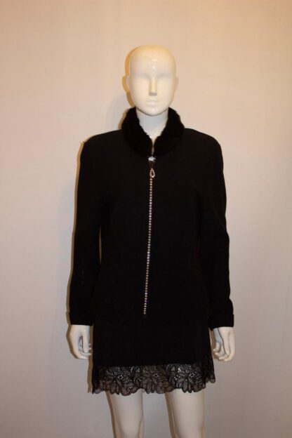 Black Cardigan /Jacket with Wonderful Zip and Fur Collar
