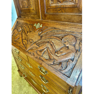 Antique Late Victorian Carved Oak Bureau Bookcase