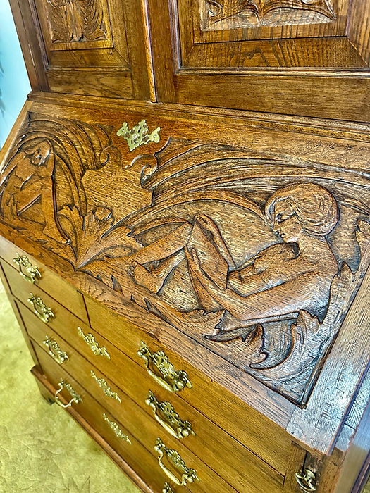 Antique Late Victorian Carved Oak Bureau Bookcase