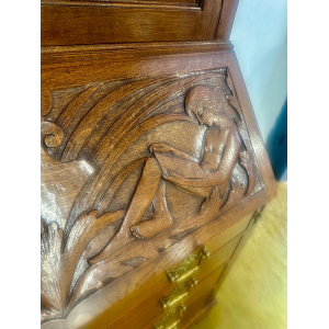 Antique Late Victorian Carved Oak Bureau Bookcase