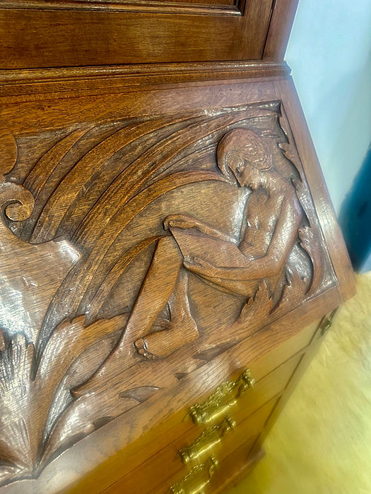 Antique Late Victorian Carved Oak Bureau Bookcase