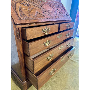 Antique Late Victorian Carved Oak Bureau Bookcase