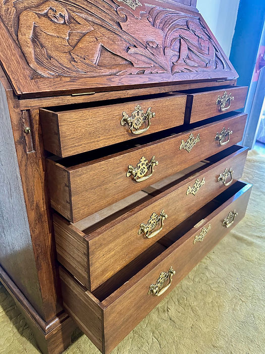 Antique Late Victorian Carved Oak Bureau Bookcase