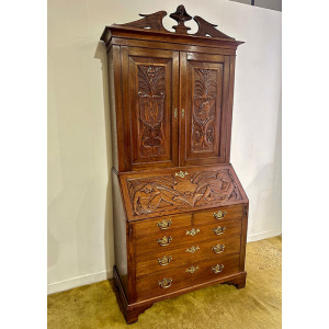 Antique Late Victorian Carved Oak Bureau Bookcase