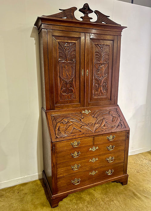 Antique Late Victorian Carved Oak Bureau Bookcase