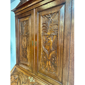 Antique Late Victorian Carved Oak Bureau Bookcase