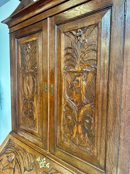 Antique Late Victorian Carved Oak Bureau Bookcase - Image 10