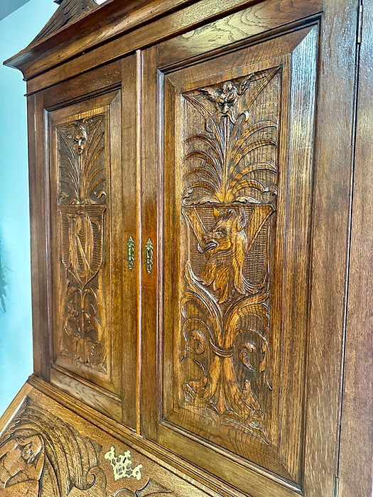 Antique Late Victorian Carved Oak Bureau Bookcase