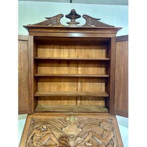 Antique Late Victorian Carved Oak Bureau Bookcase