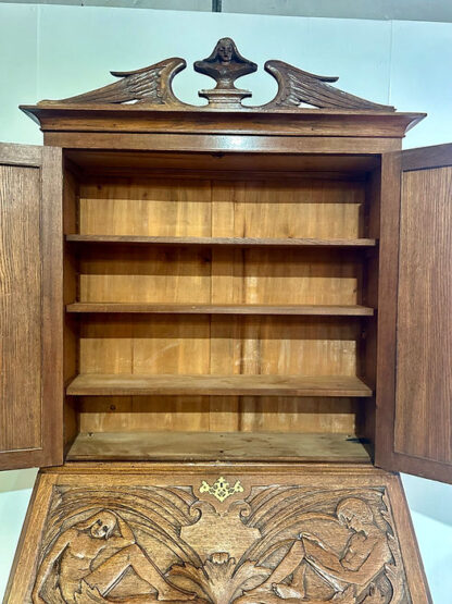 Antique Late Victorian Carved Oak Bureau Bookcase - Image 5