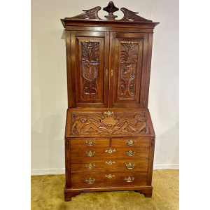 Antique Late Victorian Carved Oak Bureau Bookcase