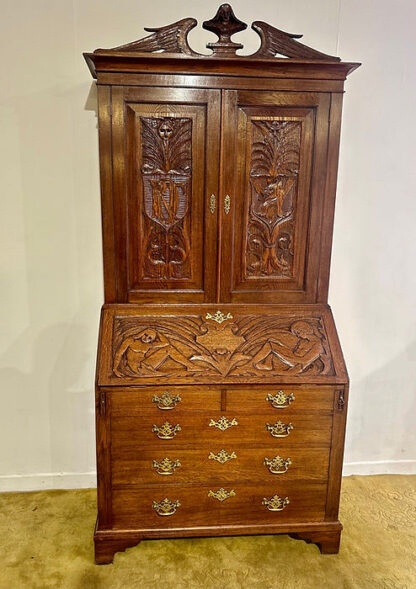 Antique Late Victorian Carved Oak Bureau Bookcase