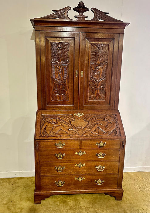 Antique Late Victorian Carved Oak Bureau Bookcase