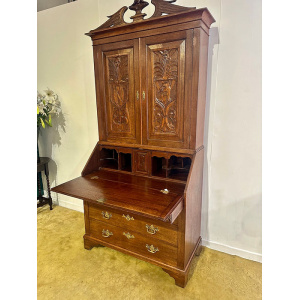Antique Late Victorian Carved Oak Bureau Bookcase