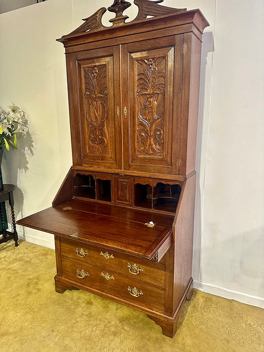 Antique Late Victorian Carved Oak Bureau Bookcase