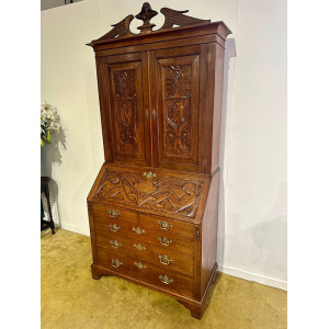Antique Late Victorian Carved Oak Bureau Bookcase