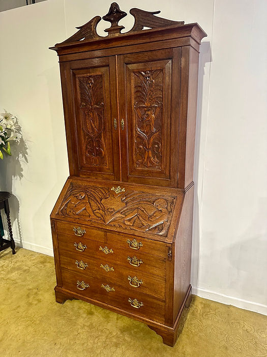 Antique Late Victorian Carved Oak Bureau Bookcase