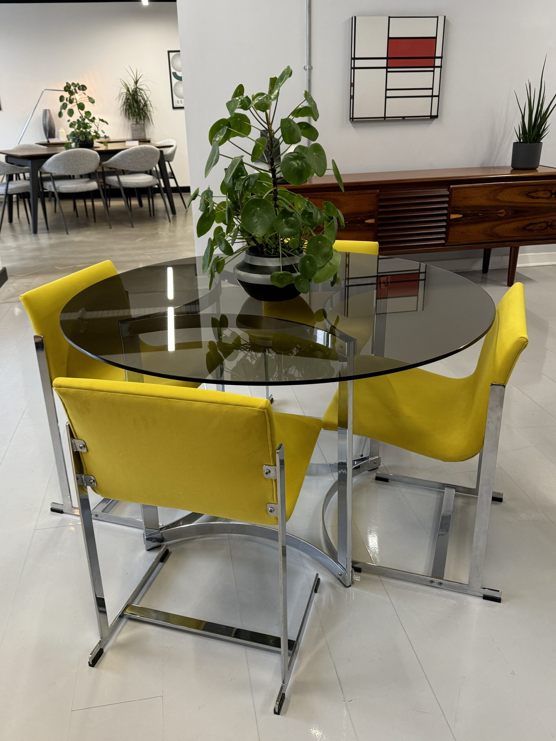 Merrow Associates Glass Dining Set with 4 x Yellow Warwick Velvet Chairs