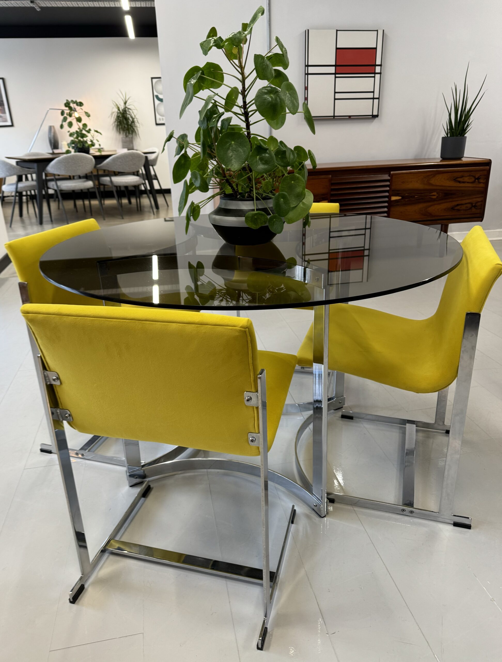 Merrow Associates Glass Dining Set with 4 x Yellow Warwick Velvet Chairs