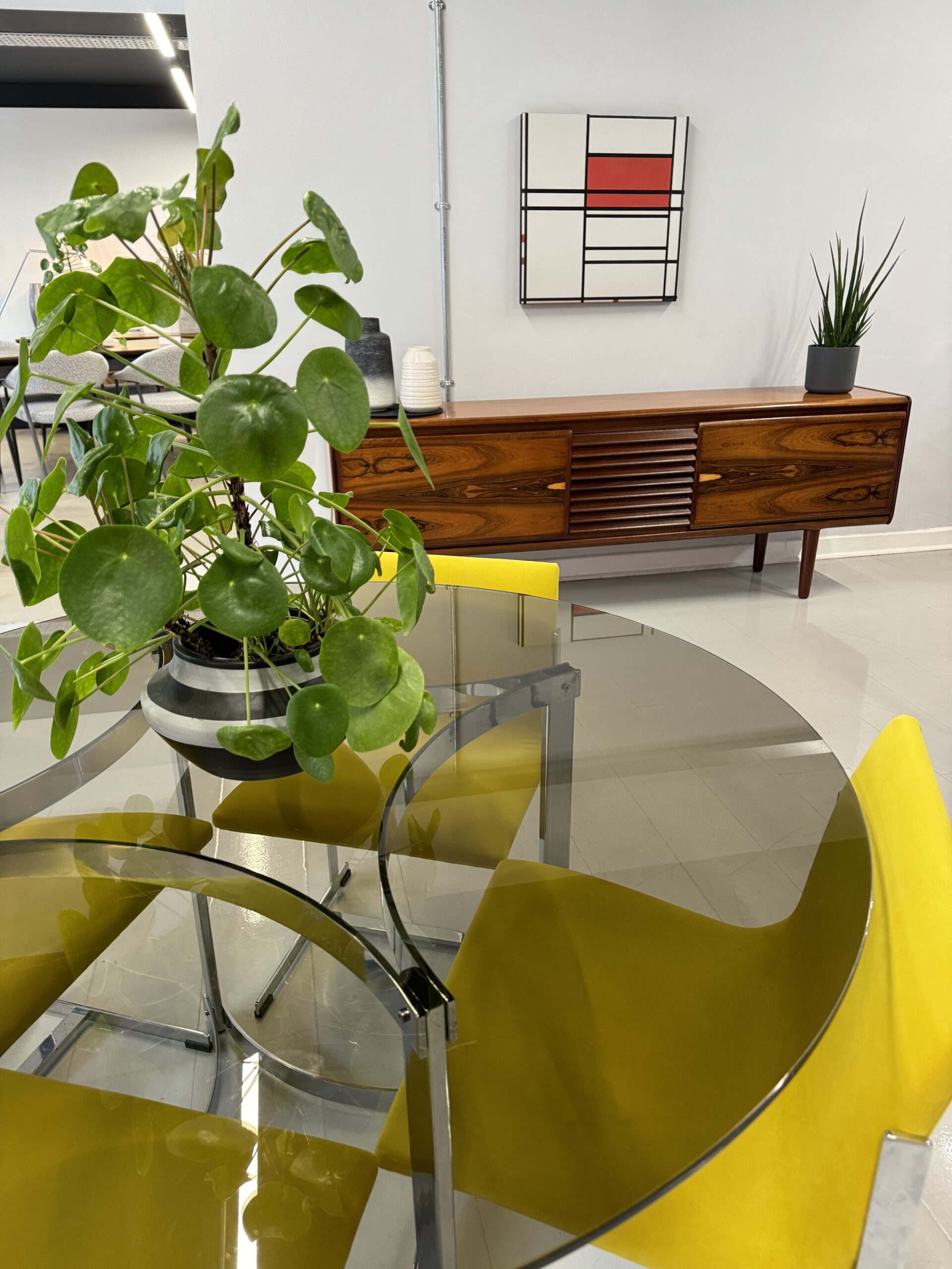 Merrow Associates Glass Dining Set with 4 x Yellow Warwick Velvet Chairs