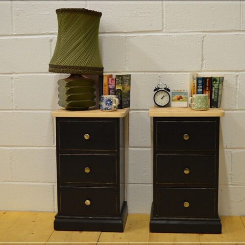 vintage bedside cabinet cabinets x 2 pair solid pine pitch black UK DELIVERY