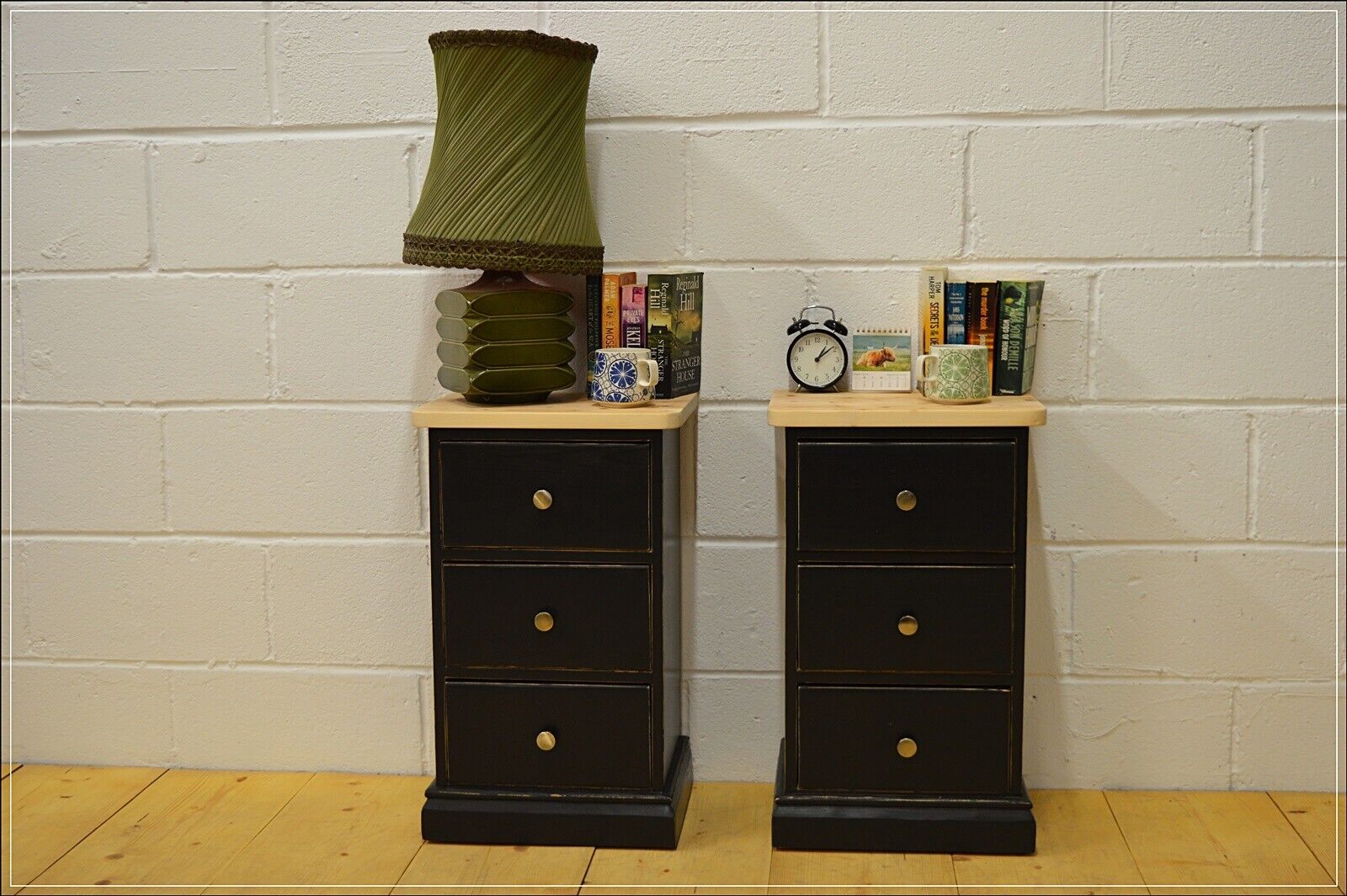 vintage bedside cabinet cabinets x 2 pair solid pine pitch black UK DELIVERY