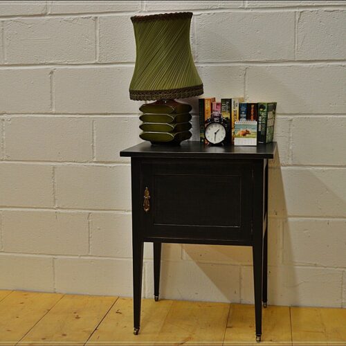vintage bedside cabinet cupboard side table on castors solid wood black DELIVERY