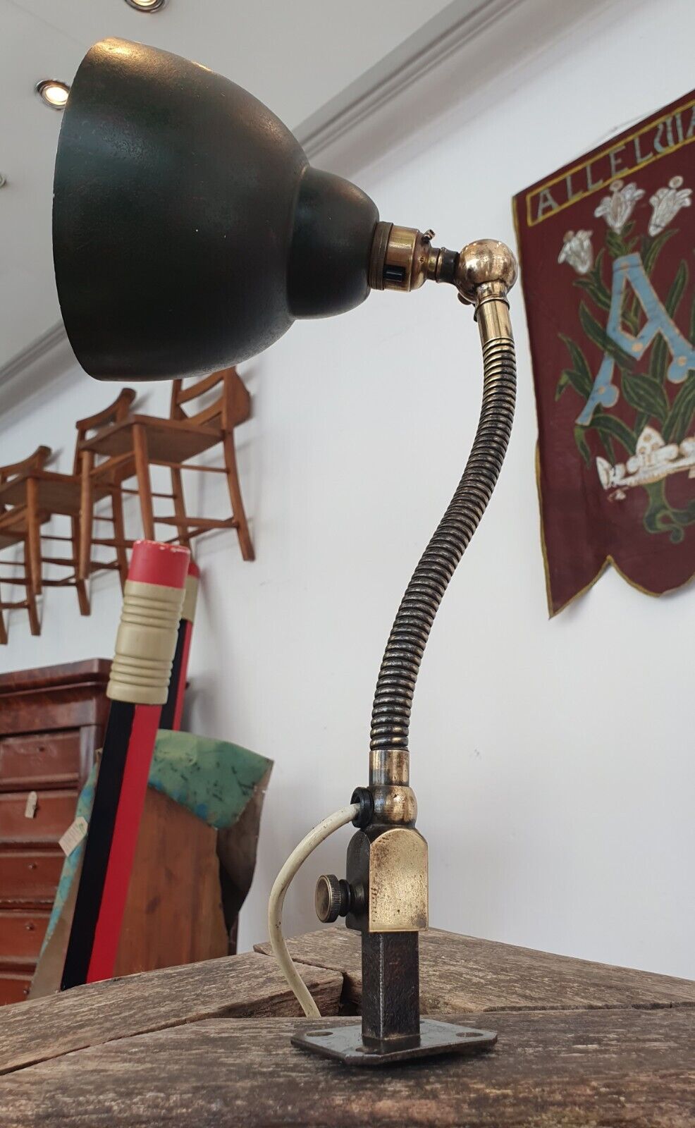 1920s Industrial Factory Machinists Lamp in Brass & Steel. Antique/Vintage/Light