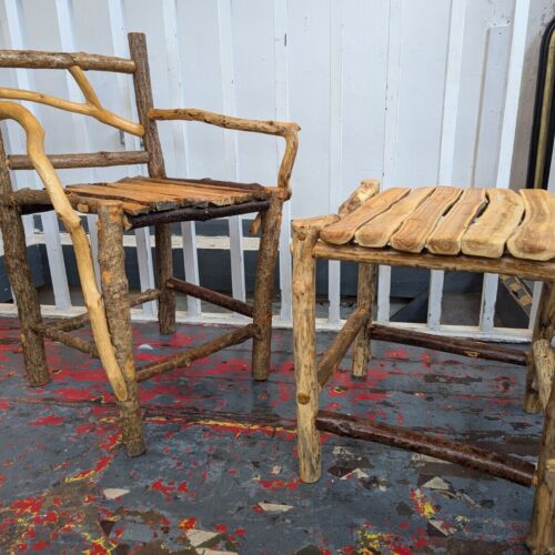 1980s Hand Crafted American Stick Chair & Table Set. Antique/Vintage/Folk Art