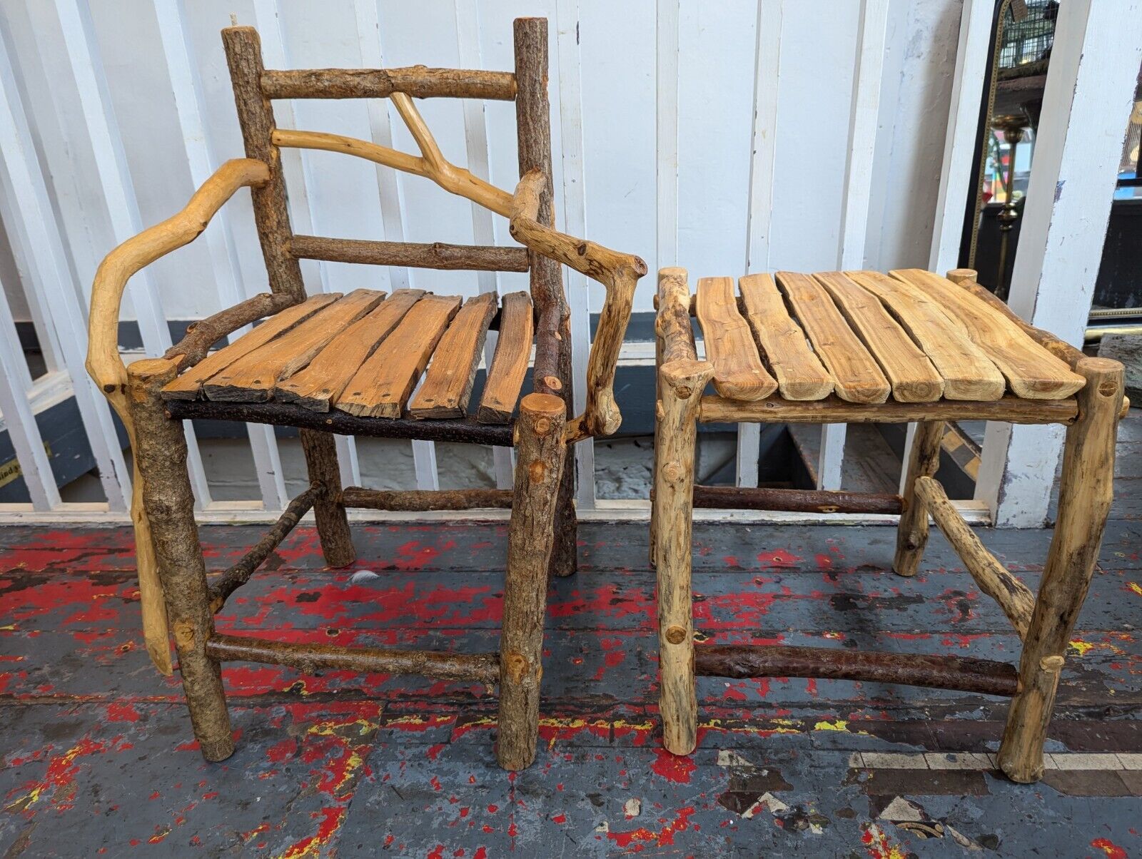 1980s Hand Crafted American Stick Chair & Table Set. Antique/Vintage/Folk Art