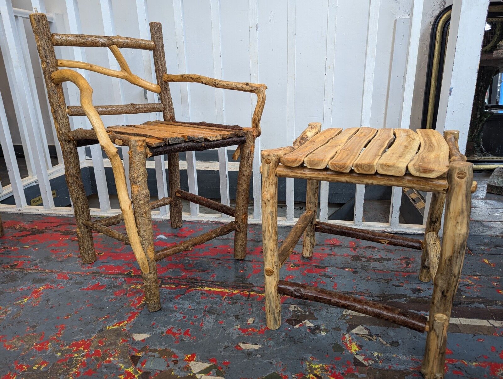 1980s Hand Crafted American Stick Chair & Table Set. Antique/Vintage/Folk Art
