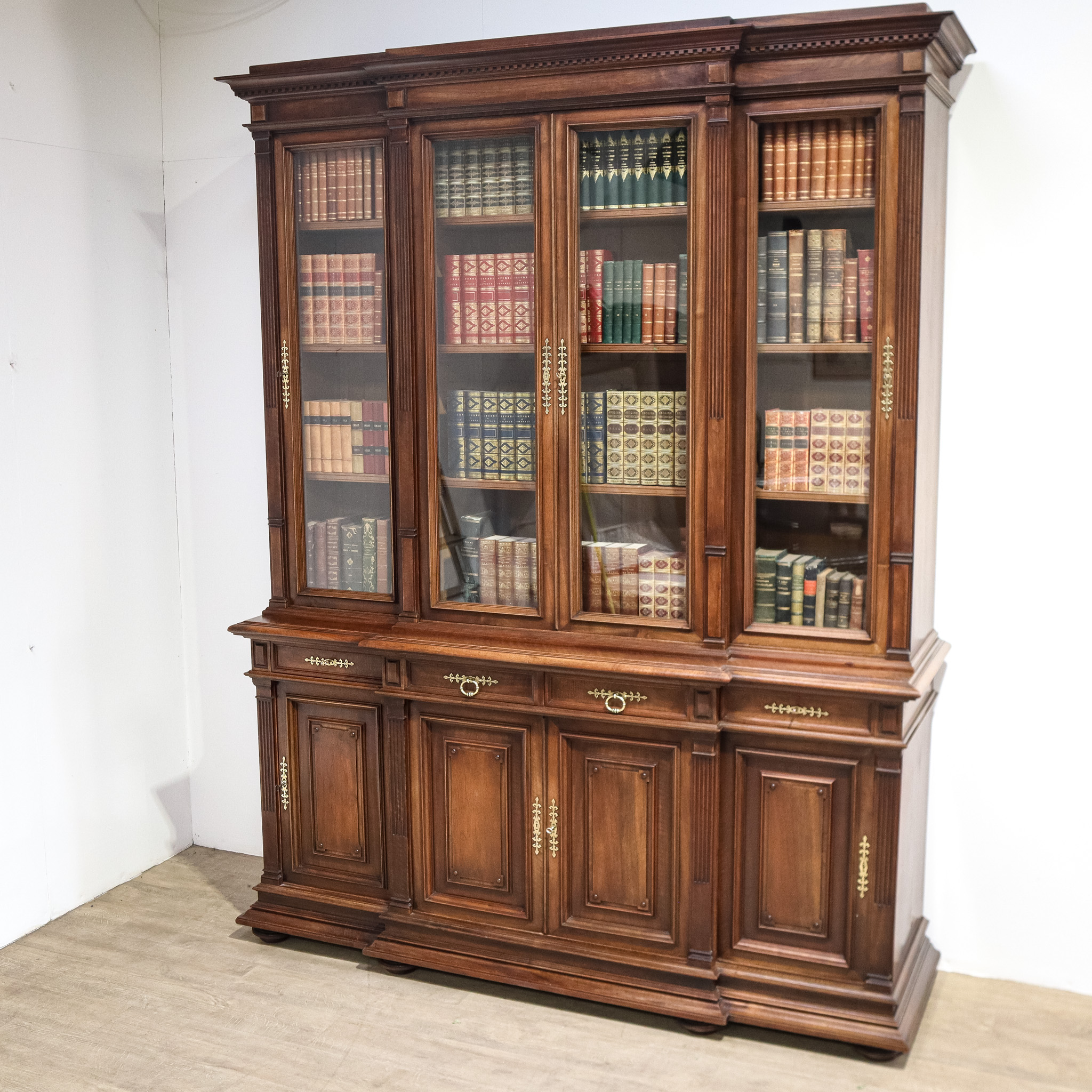 Walnut Breakfront Library Bookcase