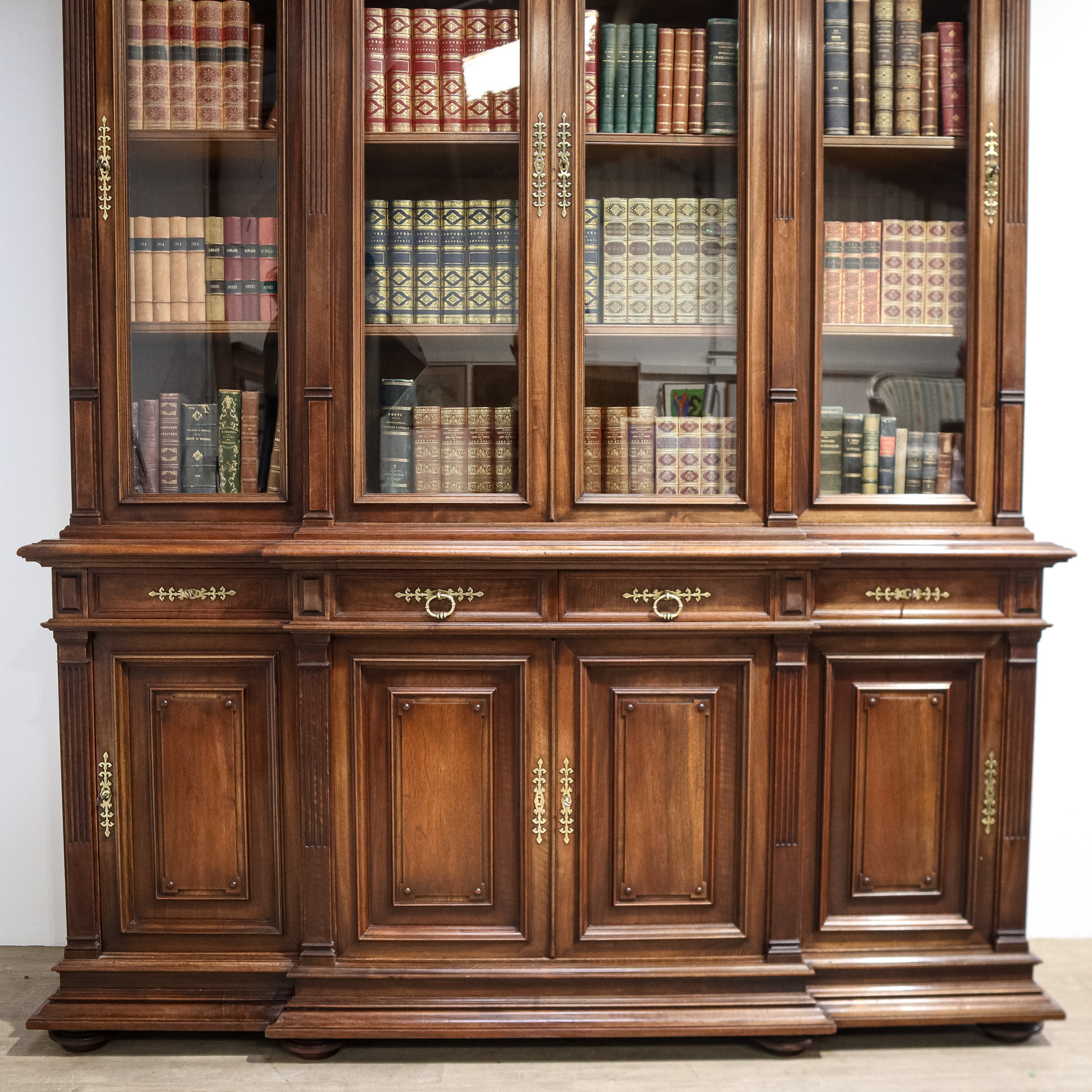 Walnut Breakfront Library Bookcase