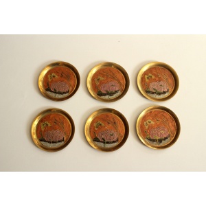 6 brass and cloisonne painted coasters as a set, vintage