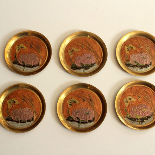 6 brass and cloisonne painted coasters as a set, vintage