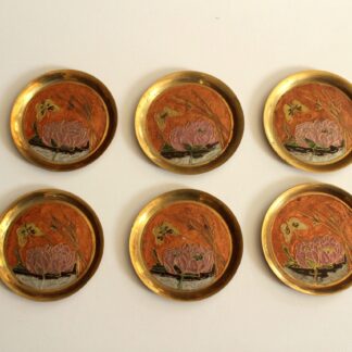 6 brass and cloisonne painted coasters as a set, vintage