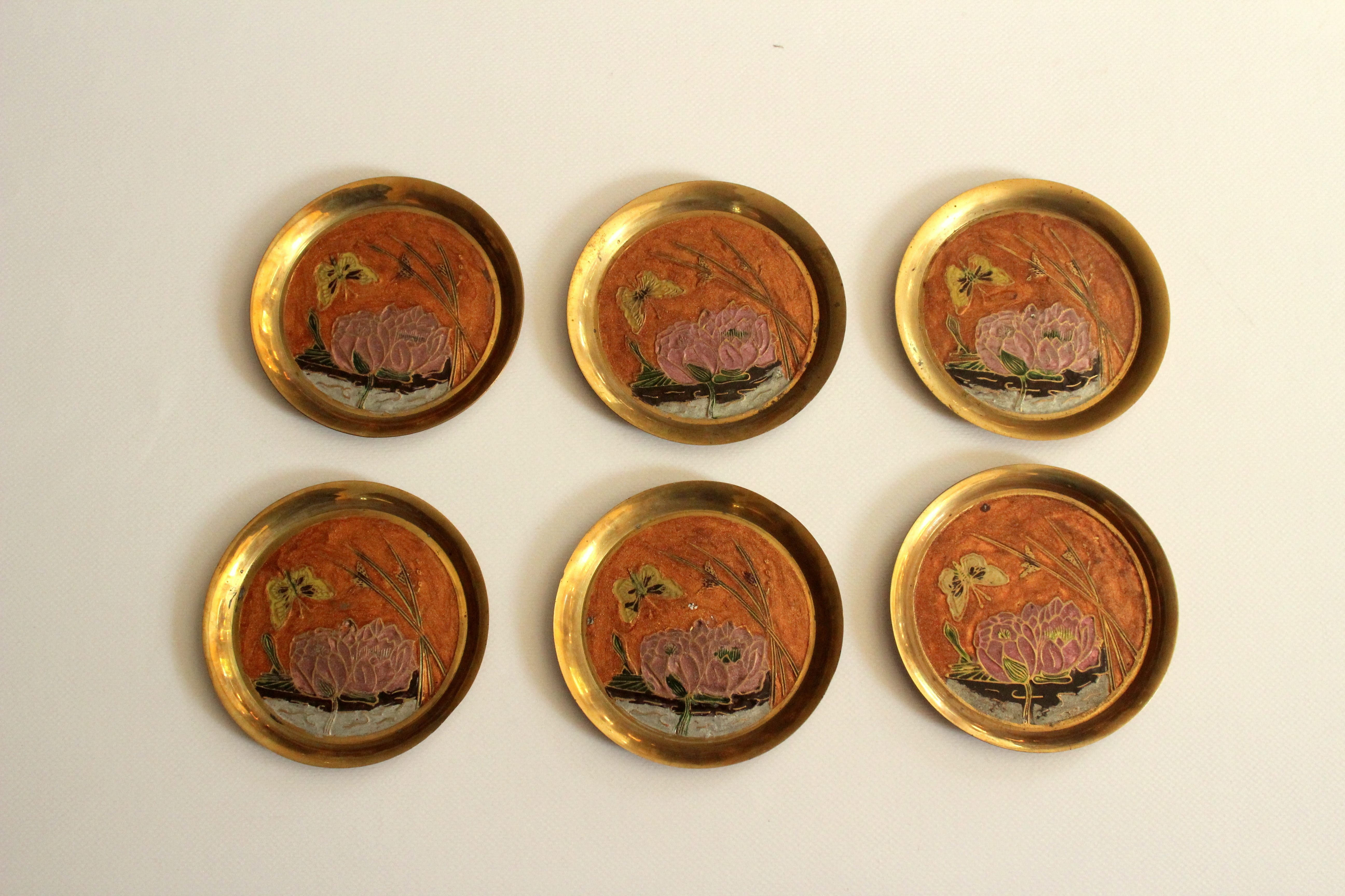 6 brass and cloisonne painted coasters as a set, vintage