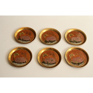 6 brass and cloisonne painted coasters as a set, vintage