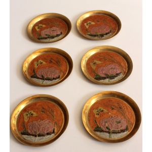 6 brass and cloisonne painted coasters as a set, vintage